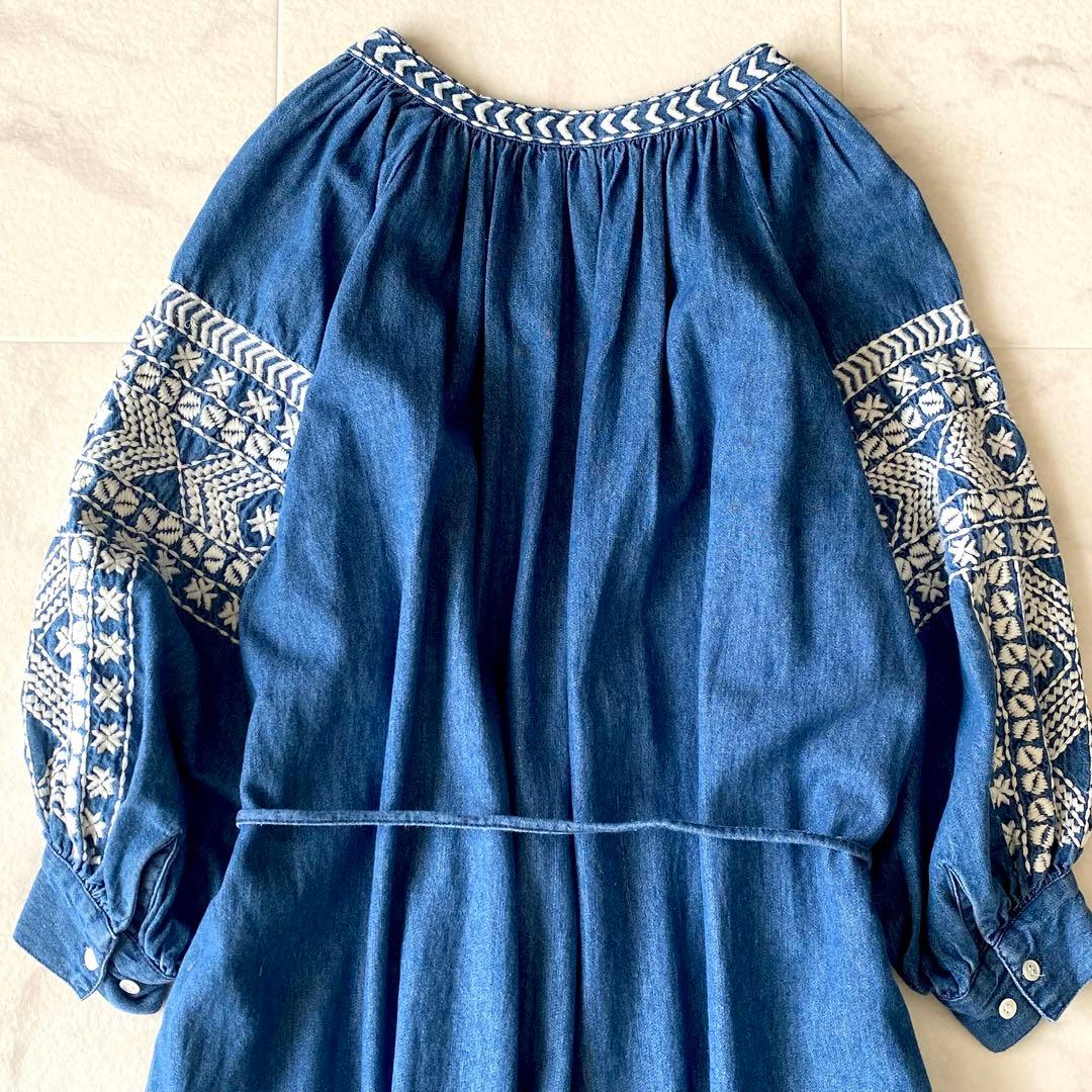 極美品☆グレースクラス デニム刺繍ワンピース ボリューム袖 七分丈 ゆったり