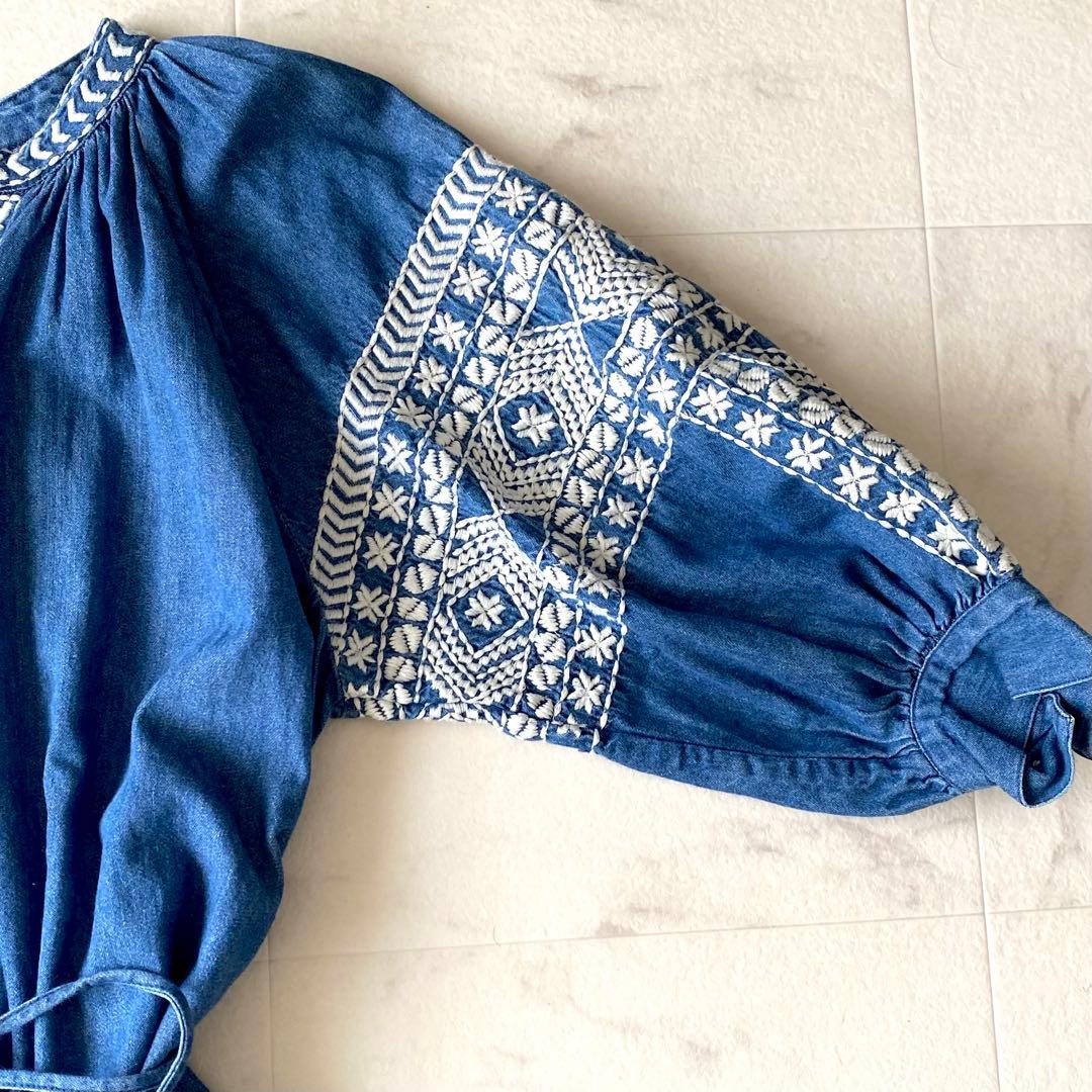 極美品☆グレースクラス デニム刺繍ワンピース ボリューム袖 七分丈 ゆったり