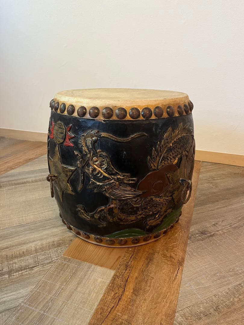 1尺3寸　太鼓　和太鼓　アンティーク　木彫り　龍彫り　オブジェ　古道具　民藝