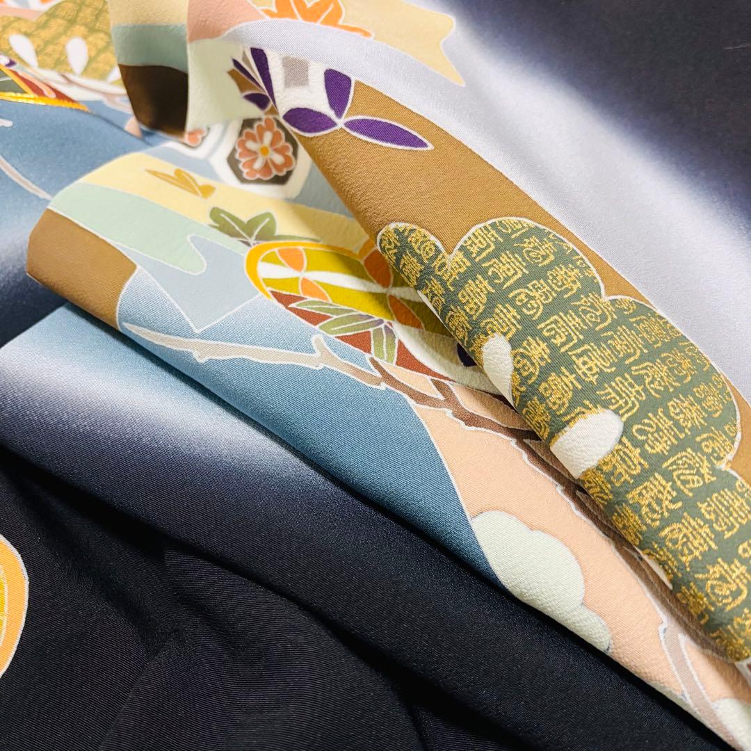 【新品】日本製 手書き 金駒刺繍 ぼかし染め 正絹 襦袢付 新品たとう紙付 黒
