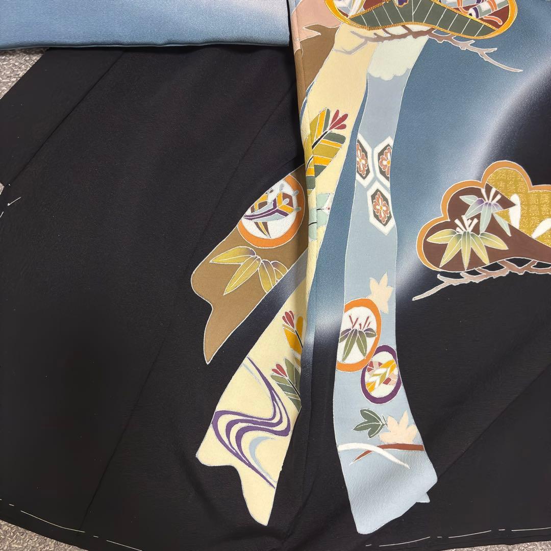 【新品】日本製 手書き 金駒刺繍 ぼかし染め 正絹 襦袢付 新品たとう紙付 黒