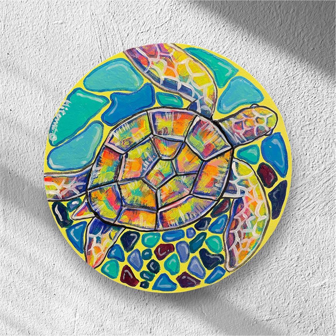 カラフルなウミガメの原画　キャンバスアート　絵画　丸型　現代アート
