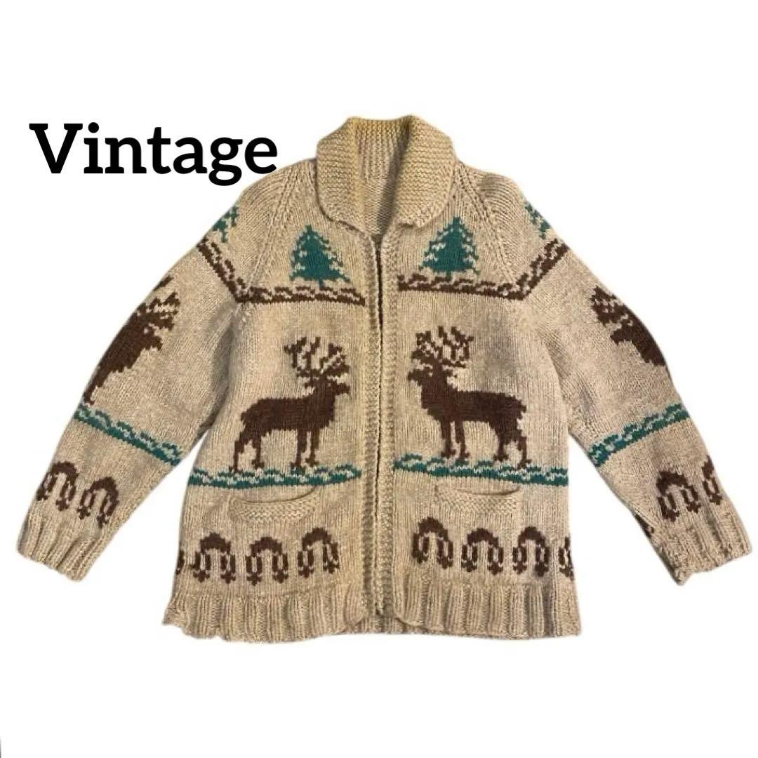 60s カウチンセーター トナカイ柄　ウールニット ヴィンテージ