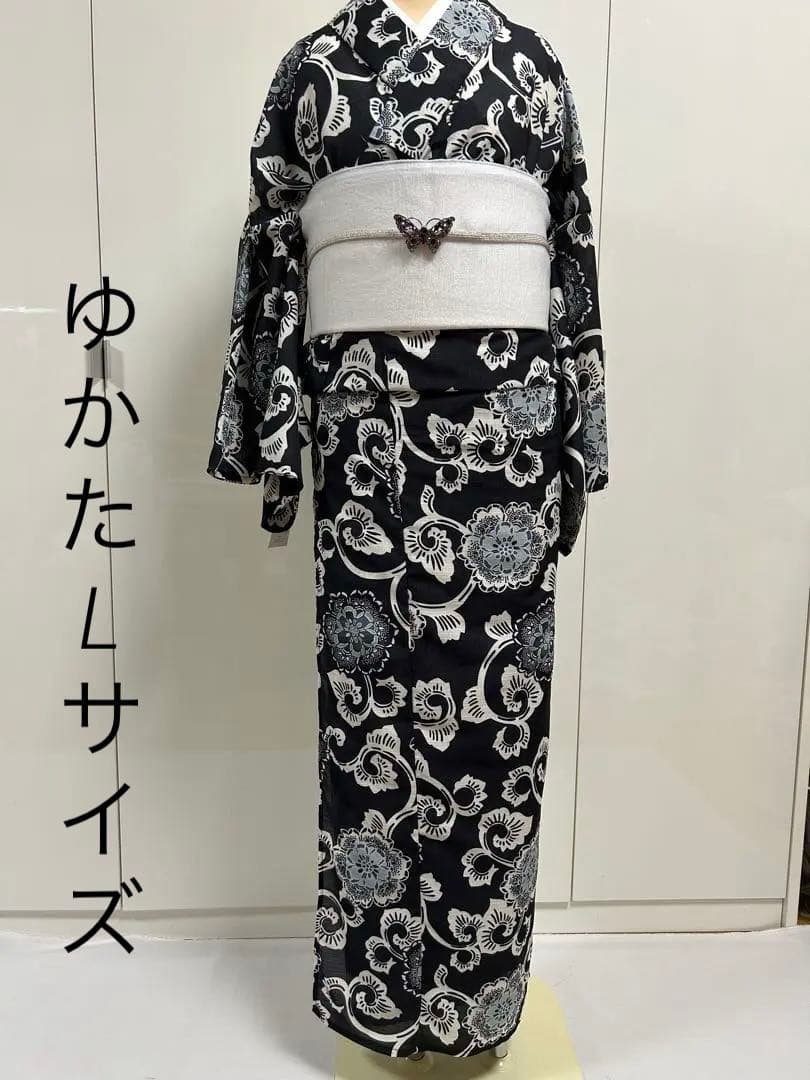黒地の浴衣 L ゆかた ユカタ 自宅で洗えるゆかた ブラック 浴衣単品販売