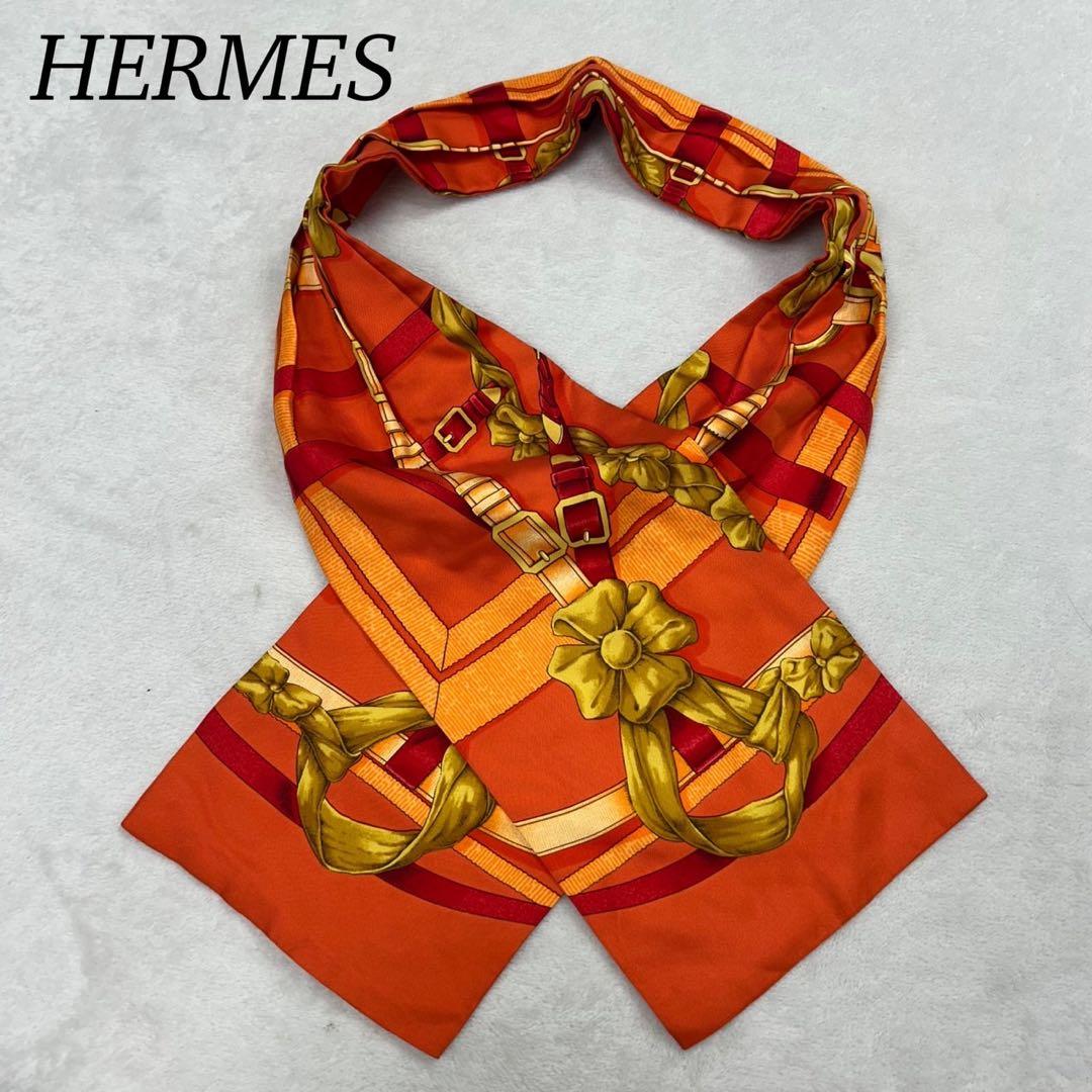 G186 エルメス アスコットタイ シルク100% オレンジ メンズ レディース