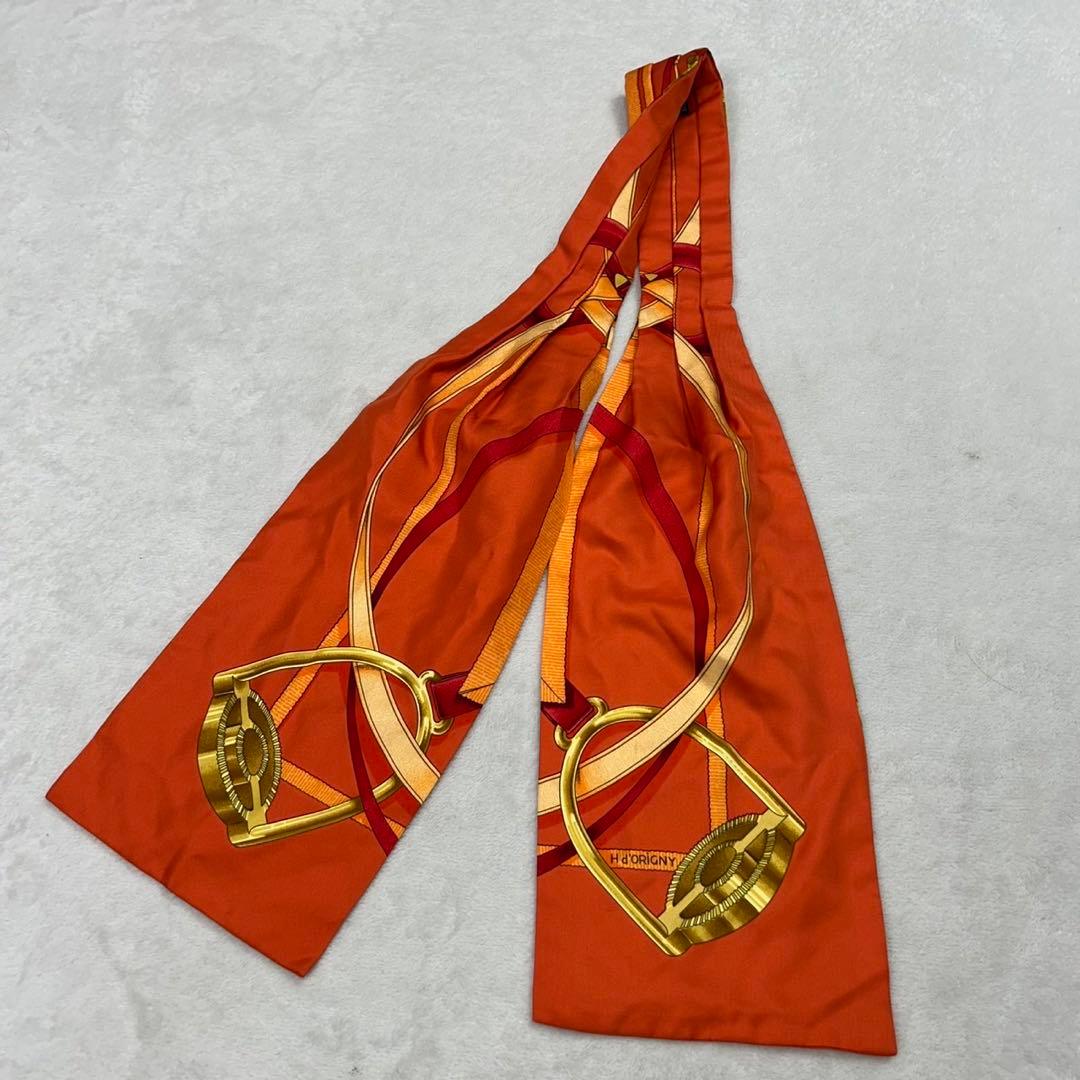G186 エルメス アスコットタイ シルク100% オレンジ メンズ レディース