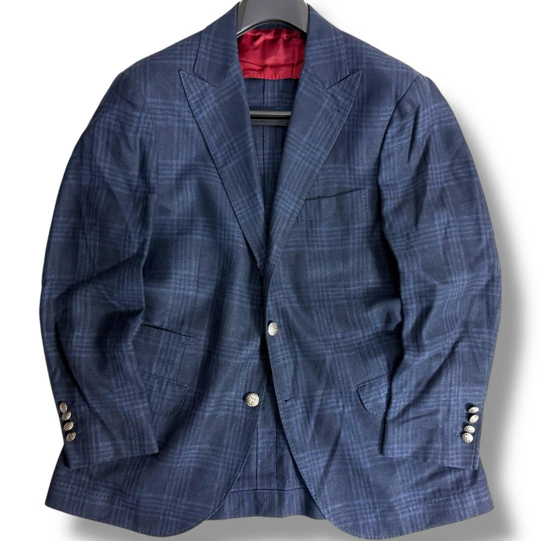 J7220美品 ブルネロクチネリ ウールリネンシルクチェック柄ジャケット 紺50