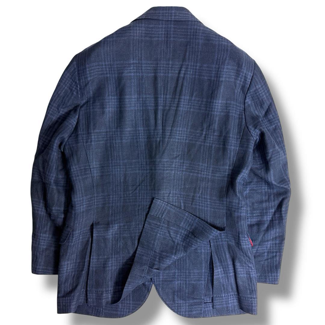 J7220美品 ブルネロクチネリ ウールリネンシルクチェック柄ジャケット 紺50