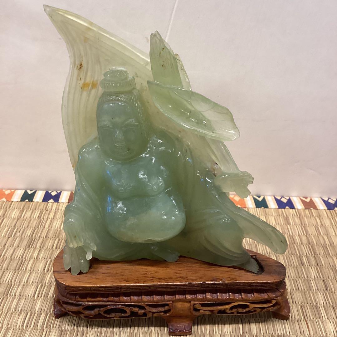 翡翠 置物 緑色 木製台座 約15cm
