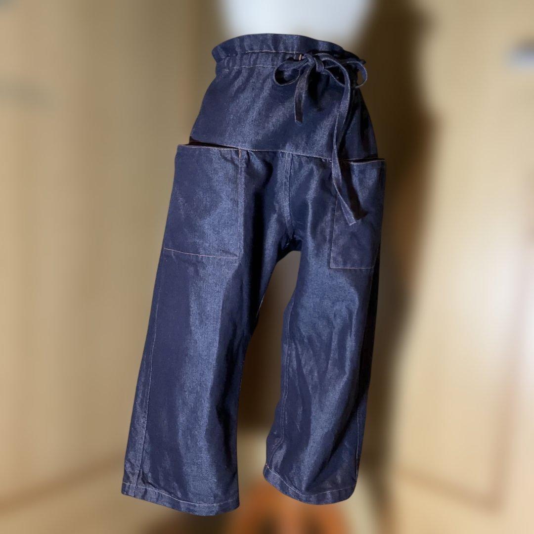 イッセイミヤケmeジーンズダークブルー ガウチョパンツ リボン付き