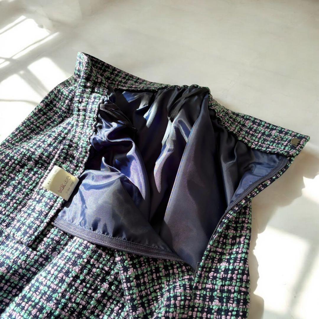 ミックスツイード　バブリースーツ　フリンジ　金ボタン　日本製