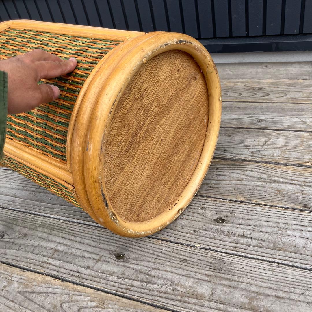 昭和レトロ ラタン 円筒形フタ付きごみ箱 円形スツール ラタンスツール 丸椅子