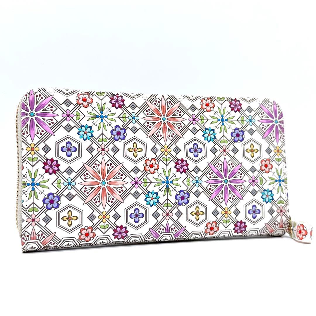 未使用✨浅草文庫 友禅染 花菱 ラウンドジップ 長財布 ピンク 型押しレザー