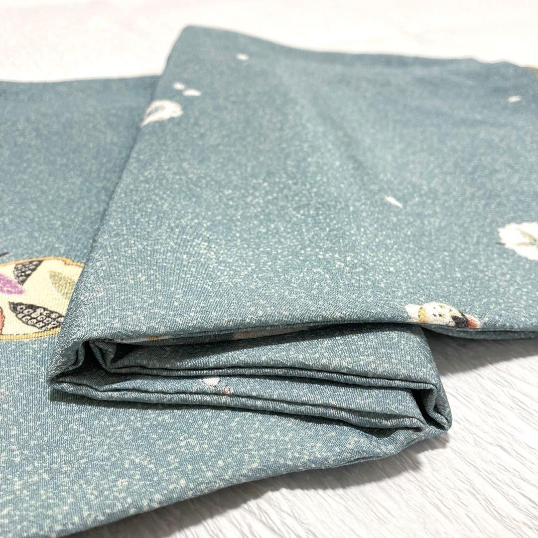 【美品✨】東レシルック　洗える着物　小紋　水浅葱色　狛犬　桜　手縫い仕立て　N4