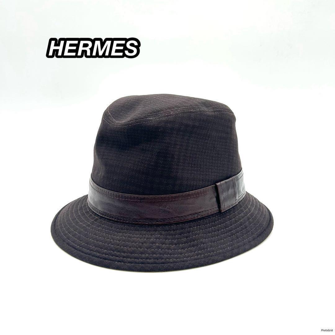 エルメス　HERMES　バケットハット　バケハ　帽子　チェック柄　レザーバンド