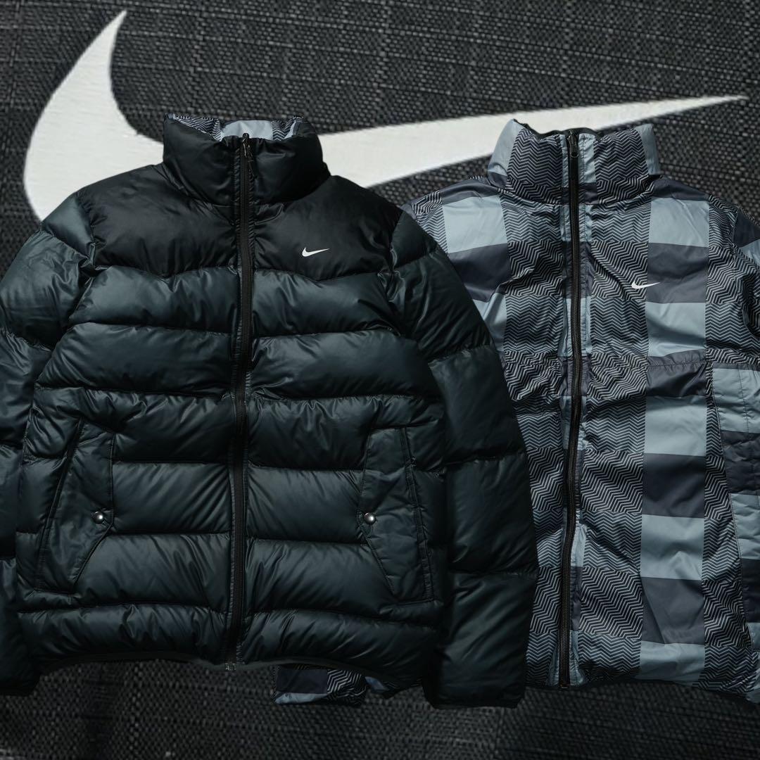 00s NIKE 肉厚ダウンジャケット リバーシブル ブラック チェック柄 短丈