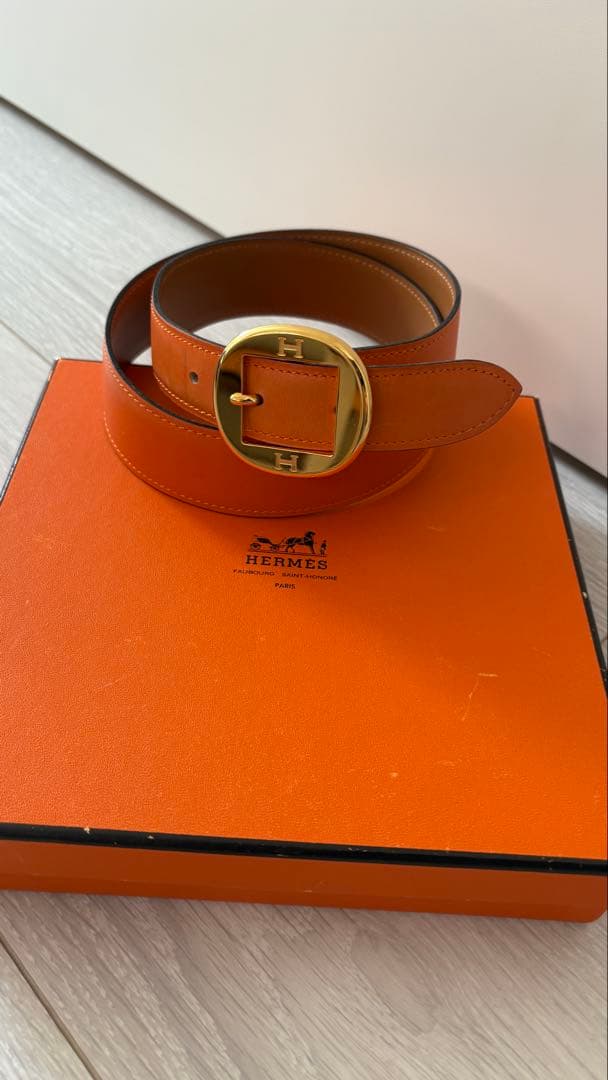 HERMES オレンジ レザー ベルト 75