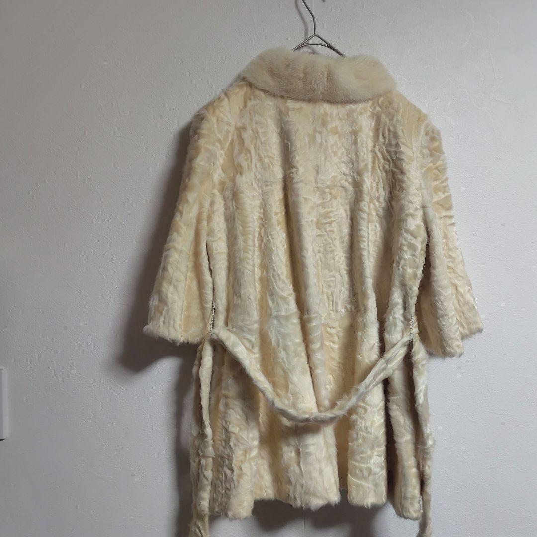 ミンク ファーコート　リアルファー　ベルト付き 七分袖 ミンク クリーム色