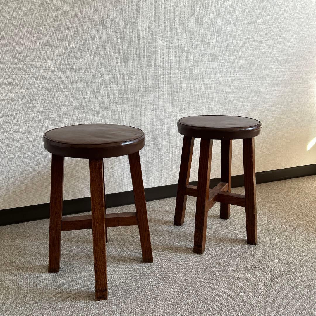 ビンテージ　ブラウン 木製 円形スツール 2個セット　天然木