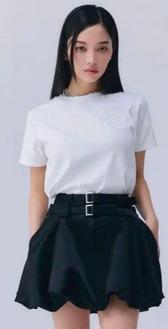 ダブルベルトサテンミニスカート　ブラックМ