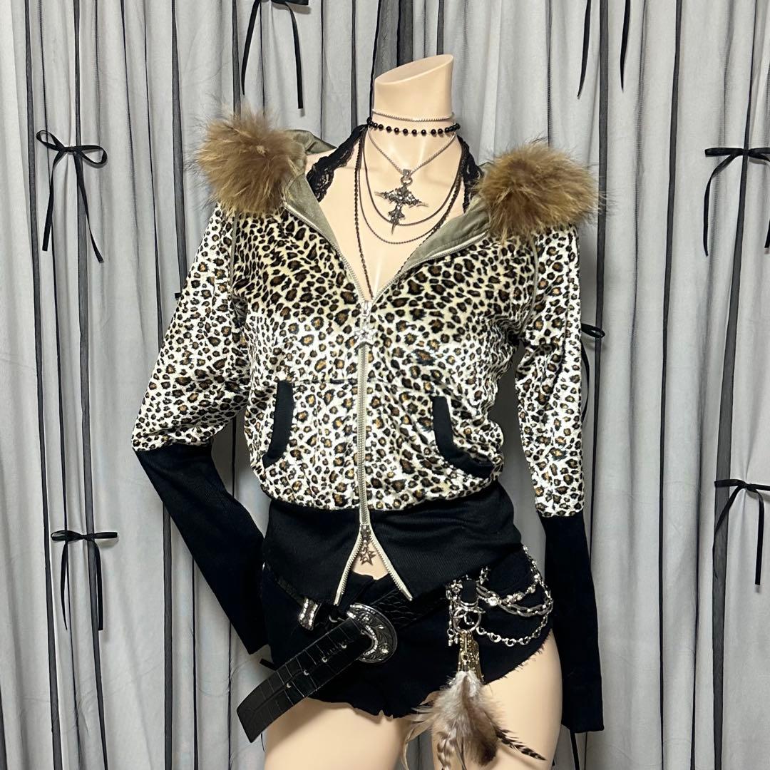 【激レア】平成ギャル y2k　JSG リアルファー付き猫耳ヒョウ柄パーカー