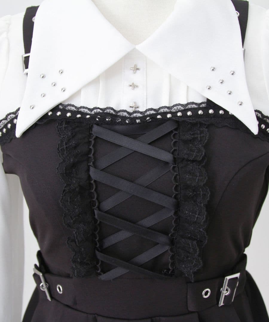 新作★ ディアマイラブ 十字架スタッズジャンスカ風レースアッププリーツワンピース