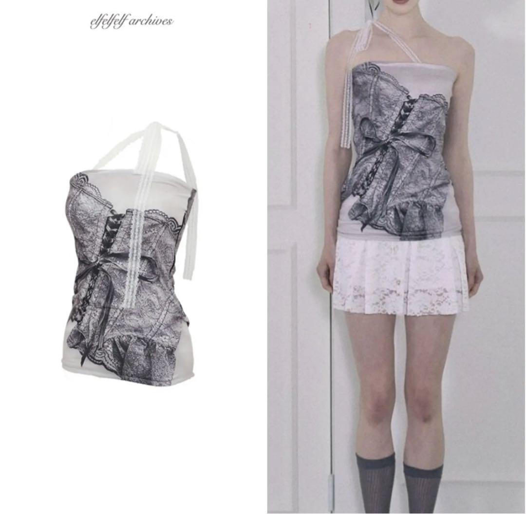 トップス elfelfelf archives BUSTIER PRINTED TOP