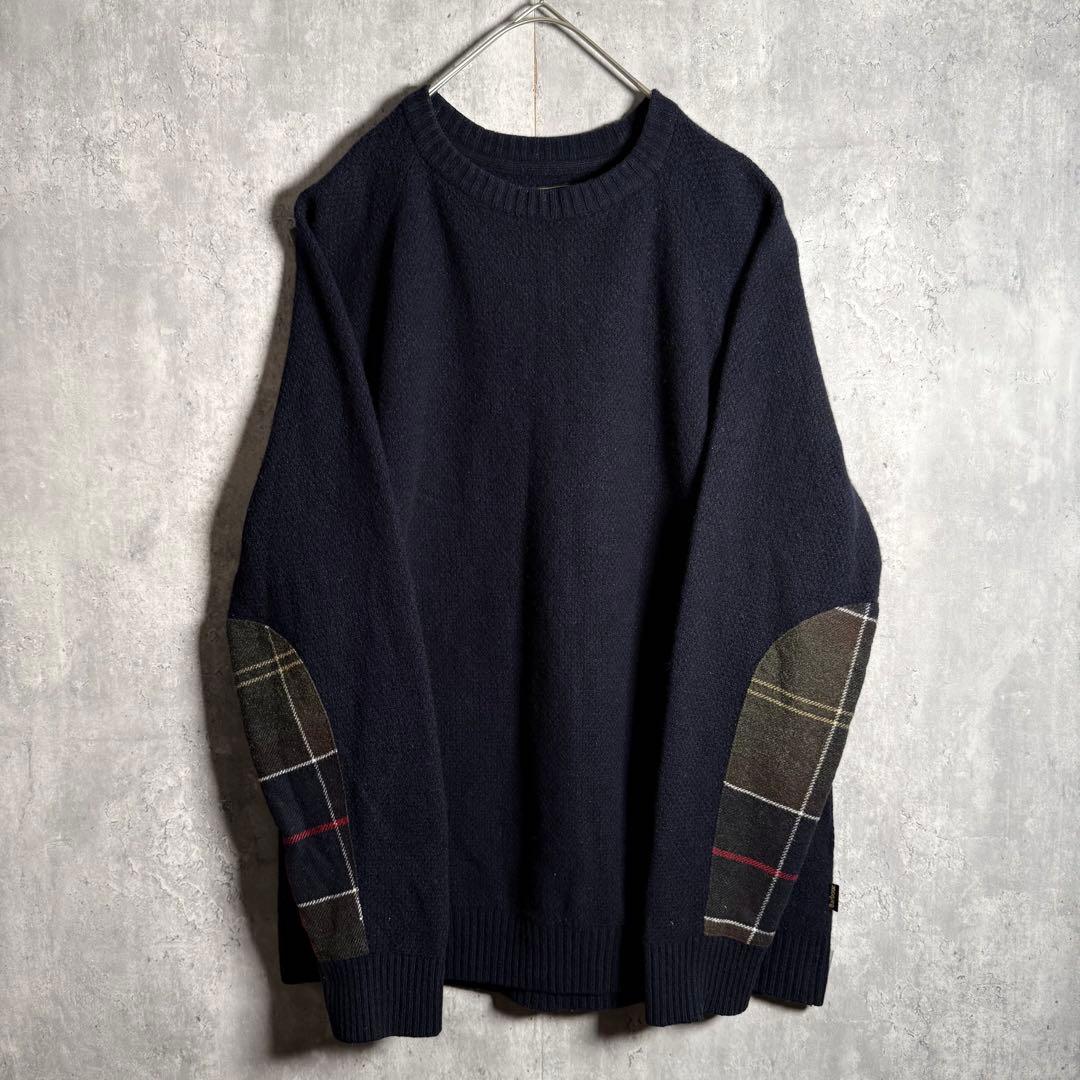 ⭐️希少⭐️バブアー Barbour ニット L アームパッチ チェック ウール 紺