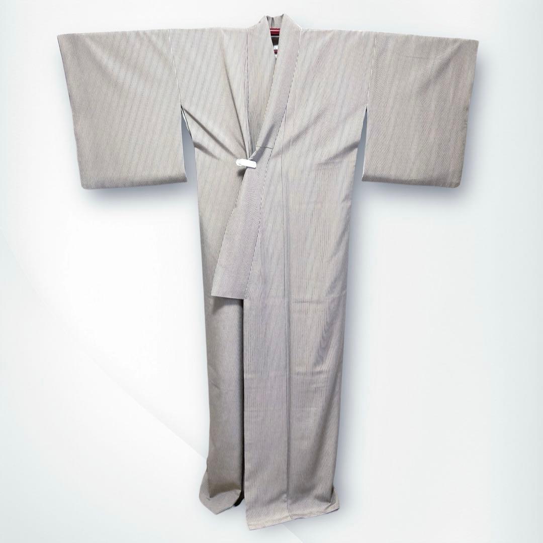【美品✨】創世舎　洗える着物　小紋　縞　灰白×灰紫　日本製　Lサイズ　トールL3
