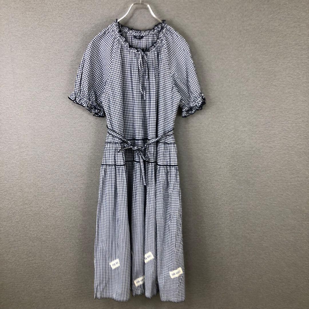 PINK HOUSE ギンガムチェックワンピース ワッペン ピコフリル ブルー