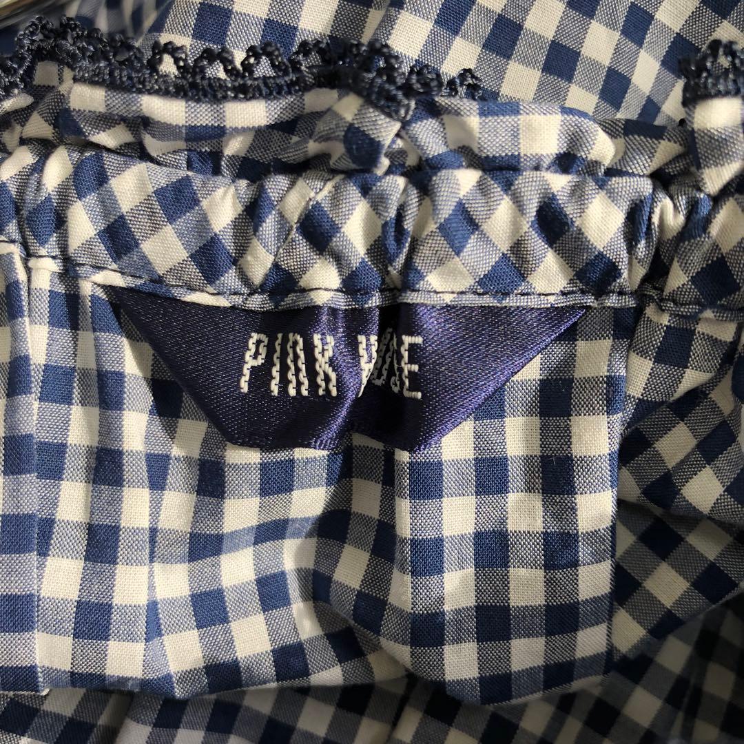 PINK HOUSE ギンガムチェックワンピース ワッペン ピコフリル ブルー