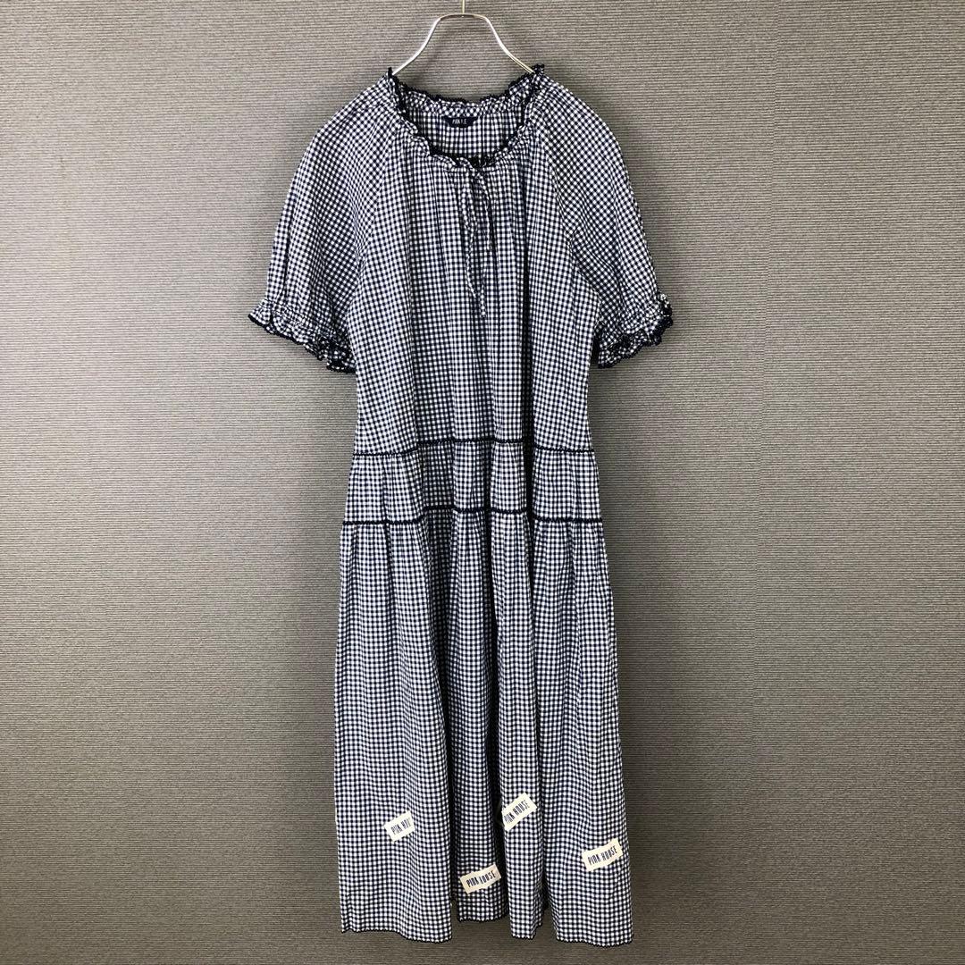 PINK HOUSE ギンガムチェックワンピース ワッペン ピコフリル ブルー