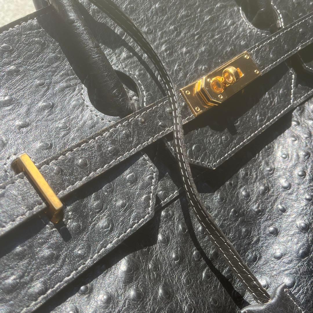 【激レア】特大ボストンバッグ 黒　オーストリッチ フルポイント ベルトデザイン