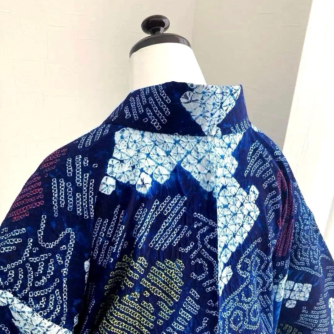 有松鳴海絞り・蜘蛛絞り浴衣　未使用しつけ付　手縫い　絞り浴衣　大輪花模様　N85