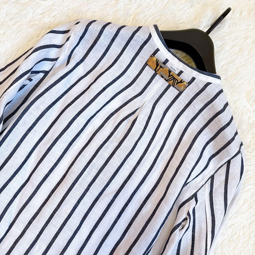 エスマックスマーラ ロングシャツ リネン100% ストライプ ハンガーループ　L