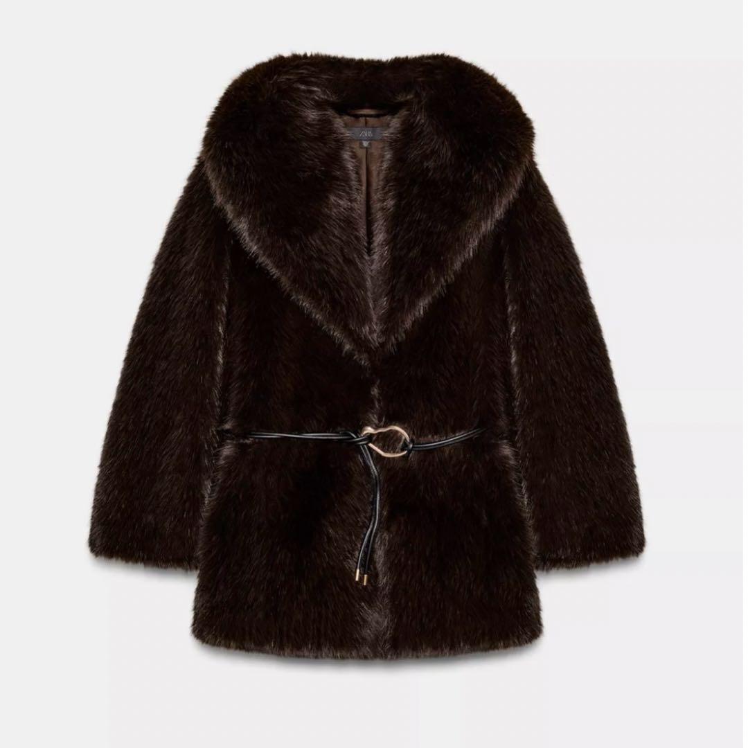 ZARA ベルト付き フェイクファーコート