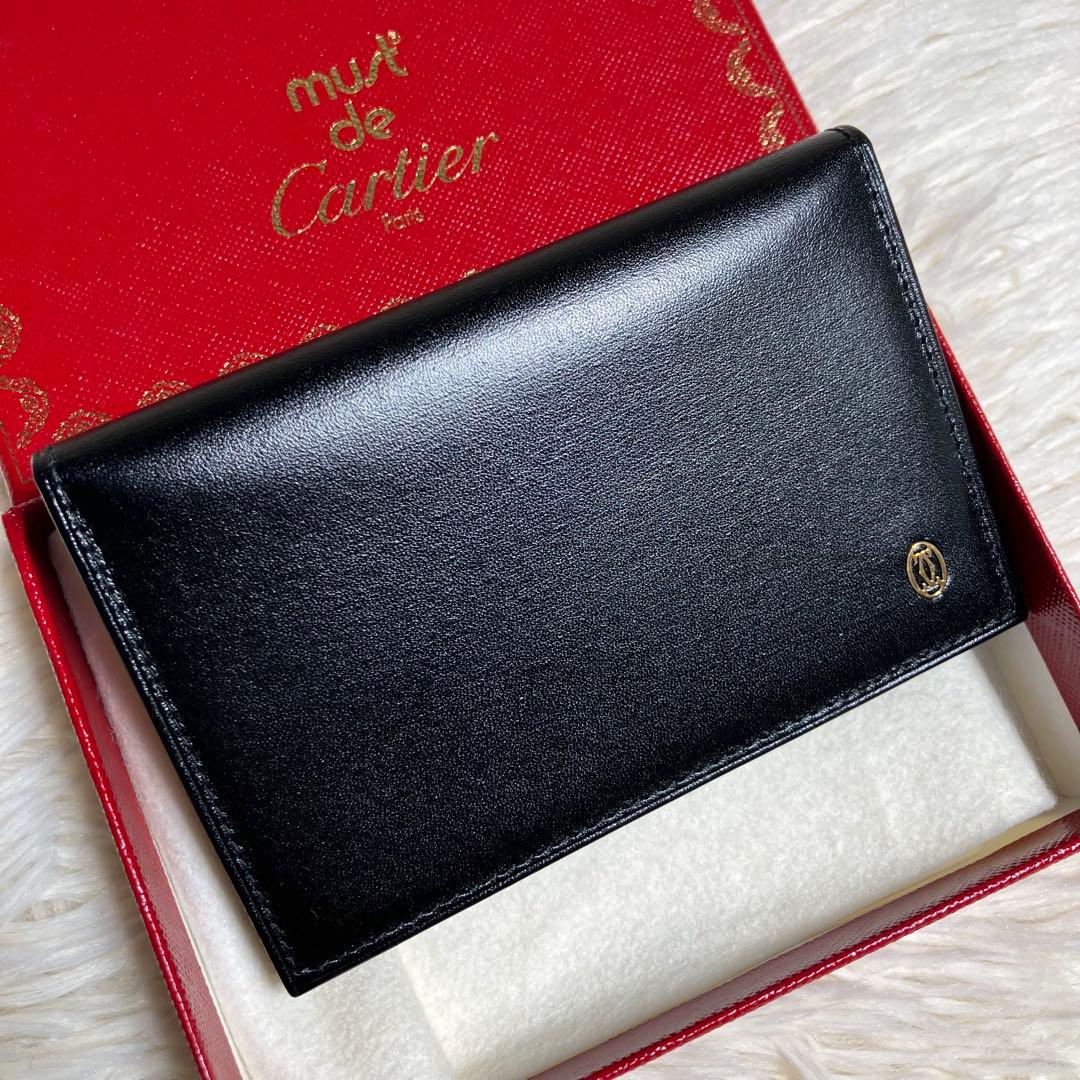 【未使用保管】 カルティエ 名刺入れ レザーブラック ゴールドロゴ