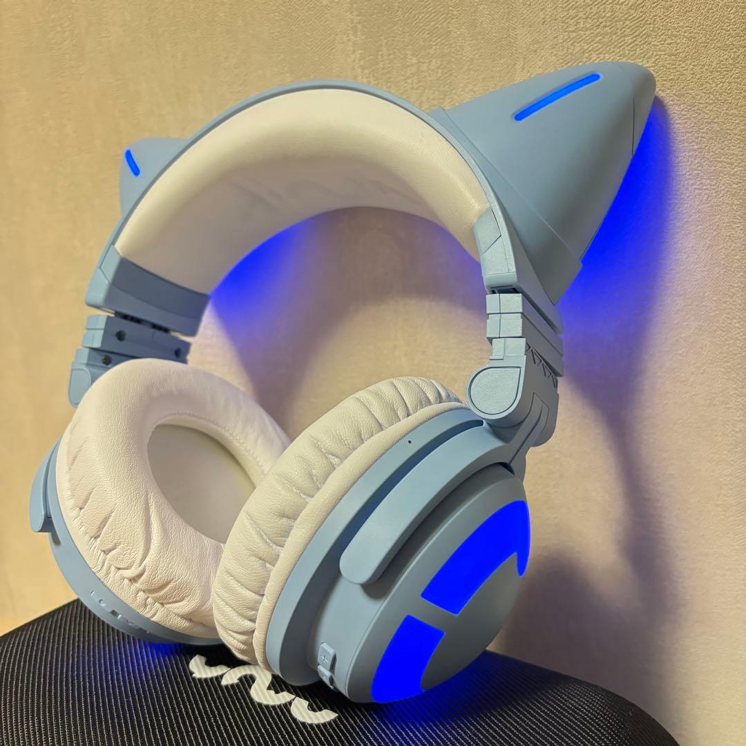 【極美品 YOWU】猫耳ヘッドホン ワイヤレス 第3世代 LED 水色 マイク
