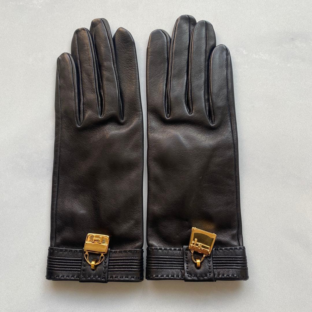 美品　エルメス　レザーグローブ　ブラック　黒革手袋　シルク裏地　サイズ6ハーフ