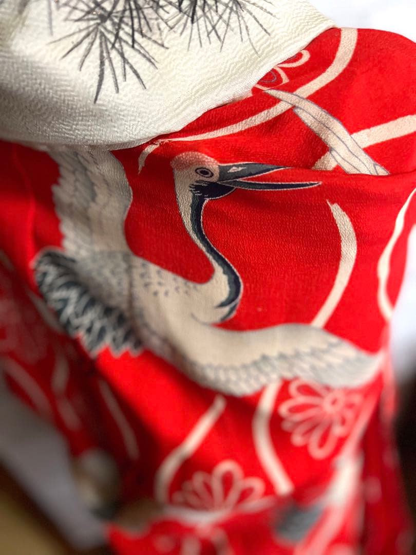 3907◆アンティーク長襦袢時代物縮緬朱赤に鶴艶やか品格のある逸品