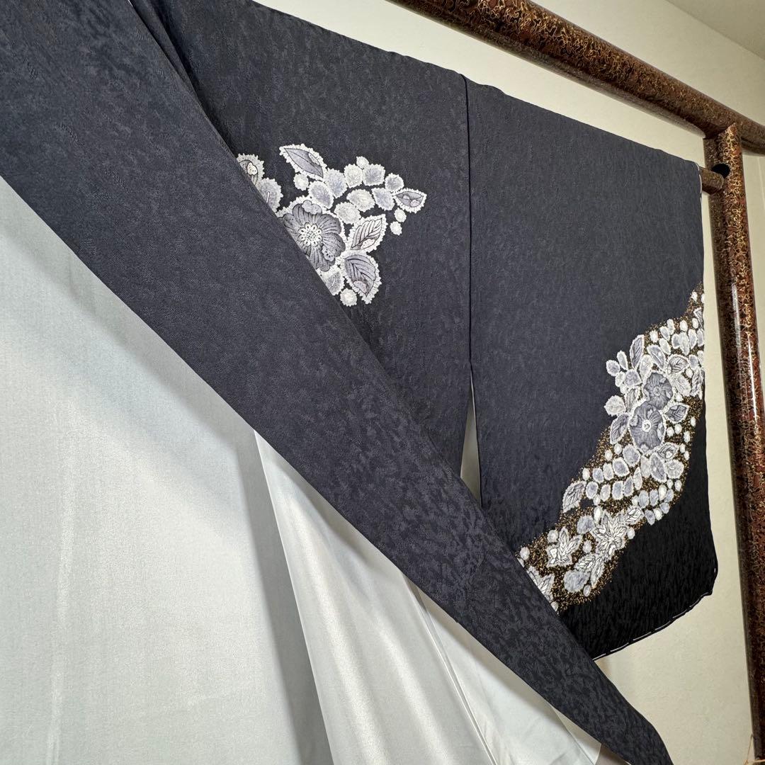 秋冬　しつけ付　林淳一　作家物　辻が花　着物　訪問着　162 現代　墨色　黒