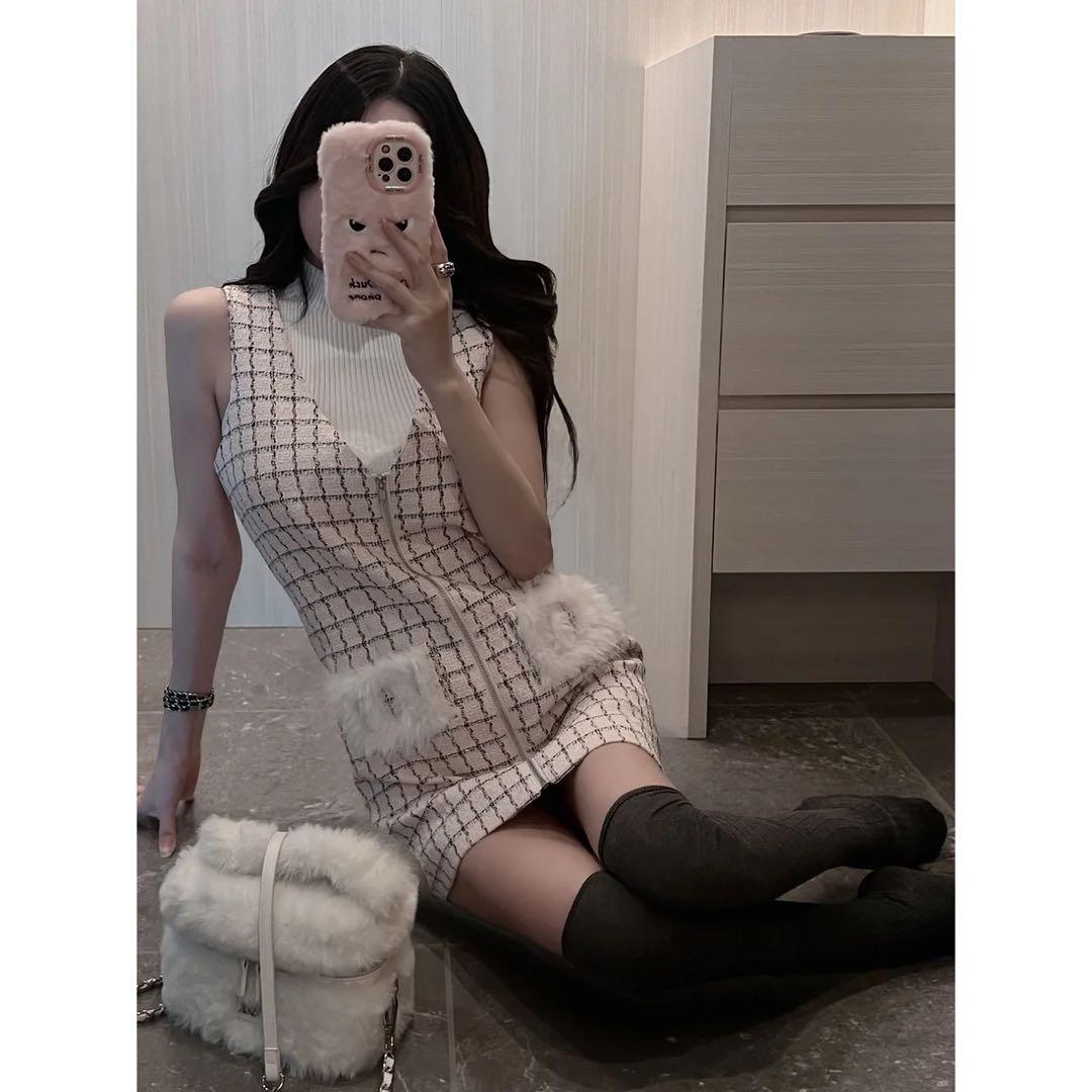 新品タグ付 ダーリッチ ピンク フロントファスナーツイードミニワンピース フリー