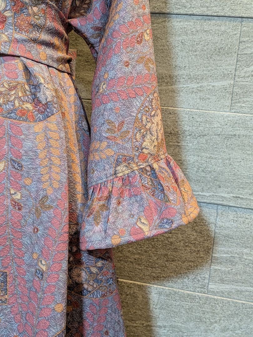 A258着物リメイク辻が花柄Aラインワンピース★リボン・ブローチ