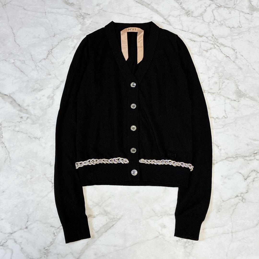 N°21 カーディガン　チェーン　ラインストーン　ロゴ刺繍　イタリア製　ブラック