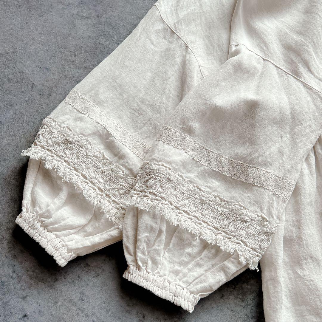 nest Robe ⿻ リネン 近江晒レース切り替え袖ワンピース 白 ナチュラル