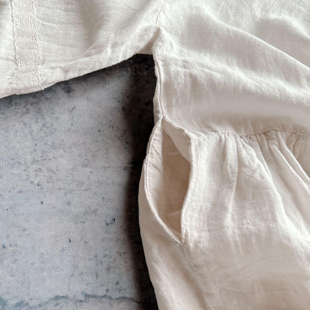 nest Robe ⿻ リネン 近江晒レース切り替え袖ワンピース 白 ナチュラル