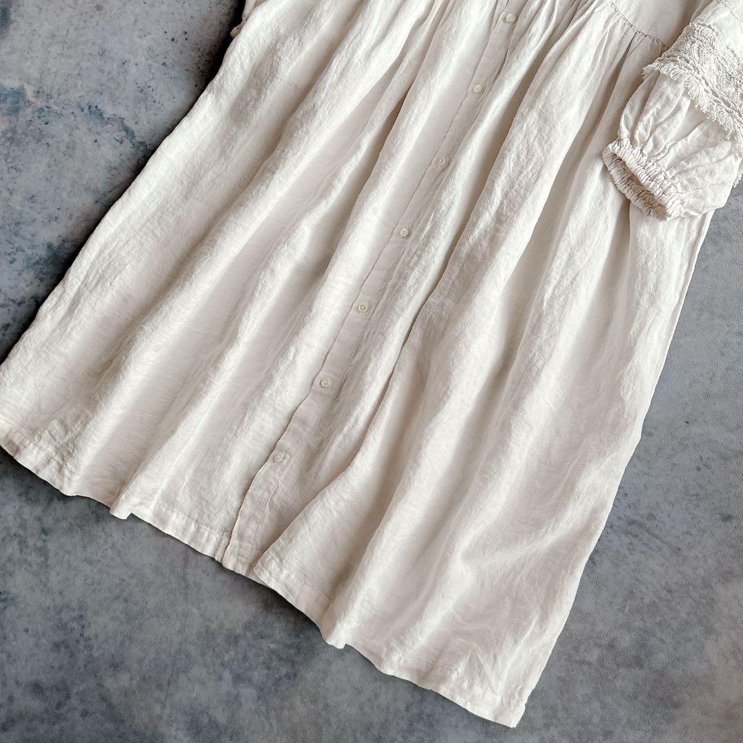 nest Robe ⿻ リネン 近江晒レース切り替え袖ワンピース 白 ナチュラル