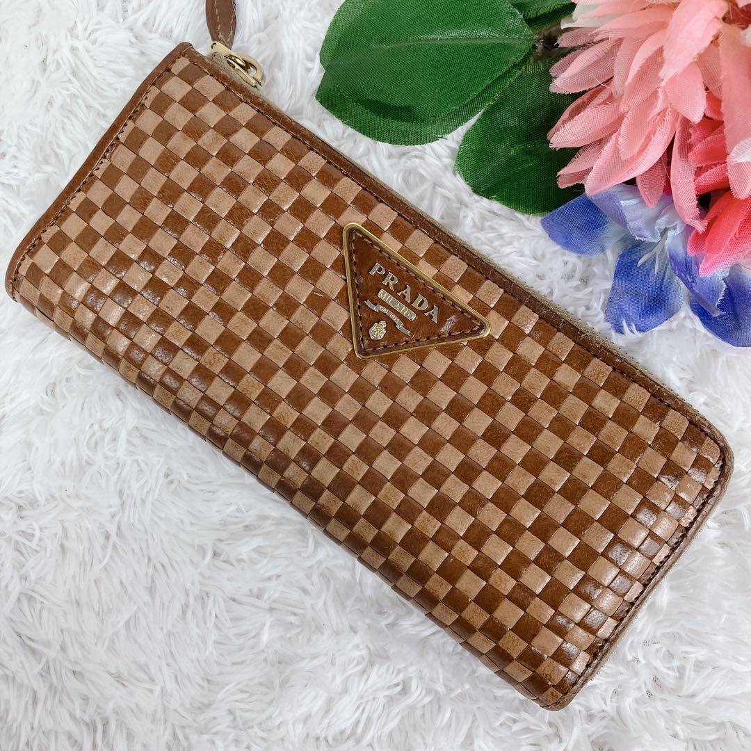 おやじ プラダ 編み込み イントレチャート レザー L字ファスナー