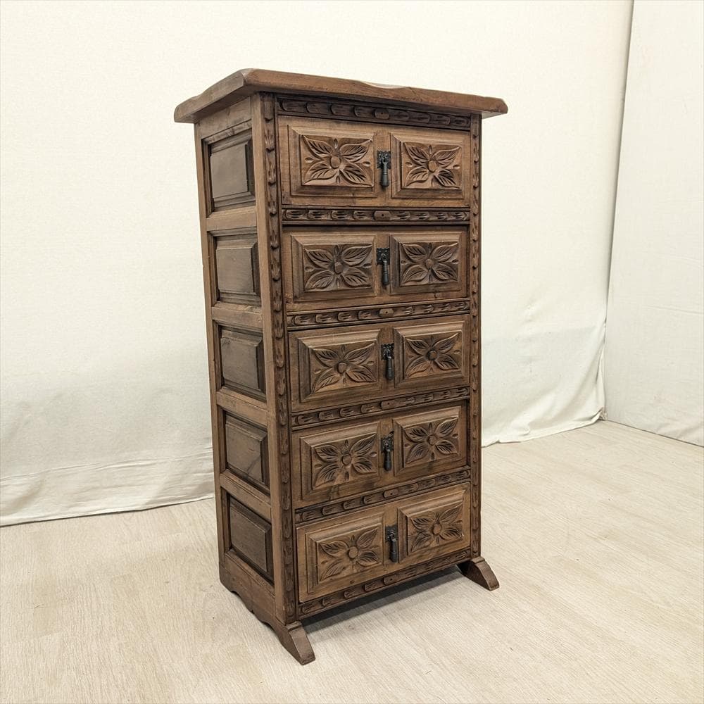 スペイン製　無垢　5段　サイドチェスト　タンス　箪笥　たんす　チェスト　ドロワー