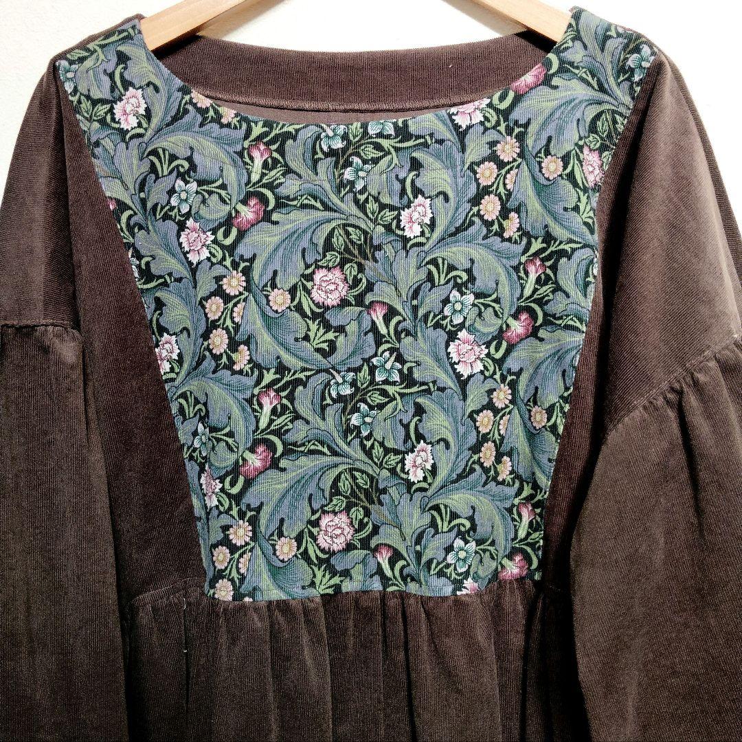 handmadeウィリアムモリス✕コーデュロイ茶ワンピース長袖free